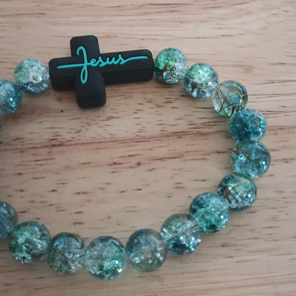 Aqua Beaded Bracelet with Black Cross